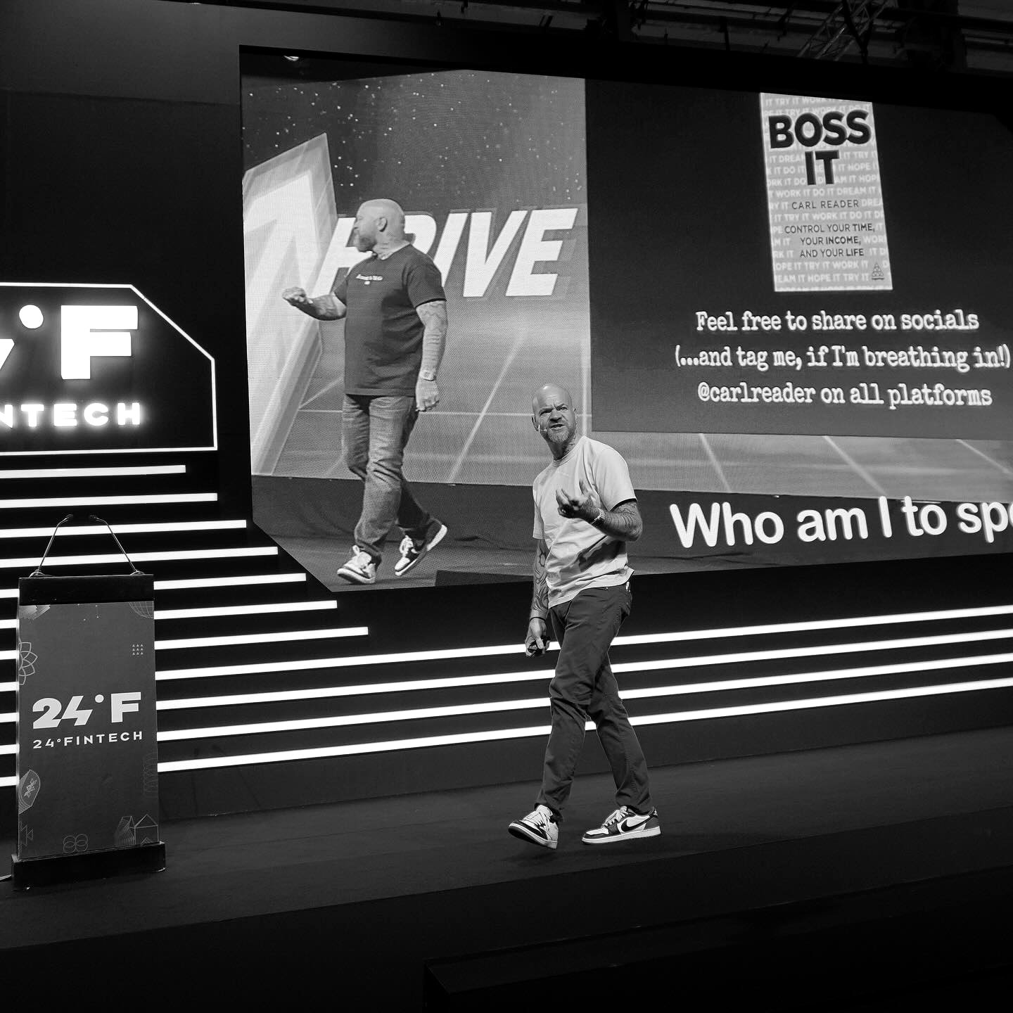 Carl Reader on stage at 24°Fintech